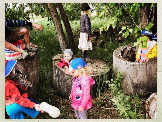Wee Folk Campers enjoy our "forest" under the trees in the Cottonwood Grove.