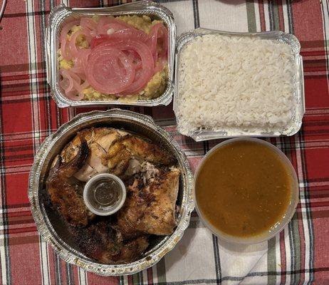 Chicken, Mangu with Rice and beans.