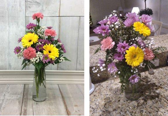 Left: What I ordered.
Right: What was delivered.
Looks like a child arranged it and there is less color. Disappointed.