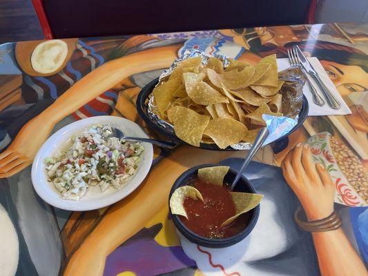 Complimentary chips & Salsa with a plate of their version of Picadillo. The Picadillo is very tasty!!