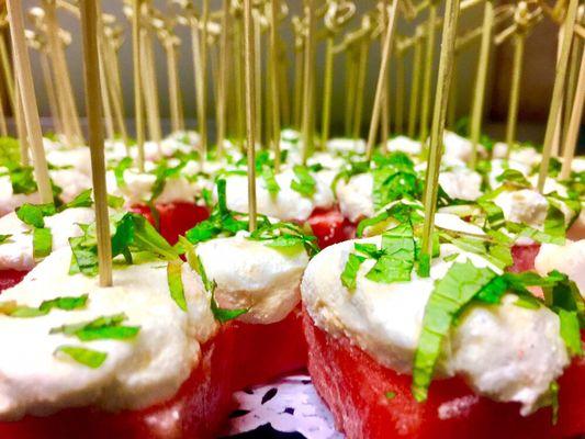 Impress at your next party with these gourmet hors d'oeuvres. Watermelon, goat cheese & mint soaked in our signature rum sauce.