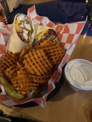 Chicken wrap and sweet potato fries