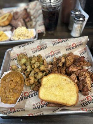 Smoked chicken boneless with sweet potato casserole and fried okra