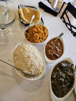 Bhature (top), tandoori chicken (middle top), lamb kadai (middle bottom), saag paneer (bottom)