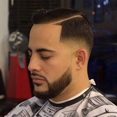 Comb over w hard part and beard trim ! Classic meets modern look !!