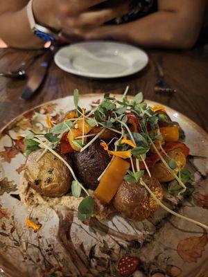 Salt Potatoes with peanut salsa (more like hummus?) Where is the salt? Just average.