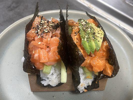 Salmon hand roll and spicy salmon hand roll