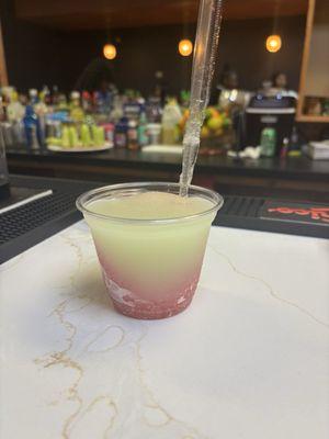 The drinks were so good! This one is a raspberry Liquid MJ mix ... amazing!!! The wings... amazing! The service was excellent !!!!!