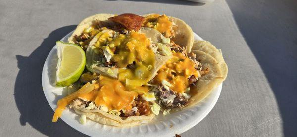 5 mixed pork tacos with mustard sauce. So unique and so bomb!