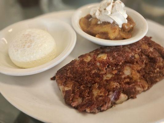 Corned beef hash with poached eggs and cinnamon apples.