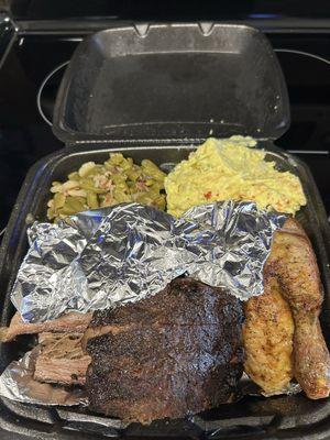 Chicken,ribs, brisket with green beans and potatoes salad