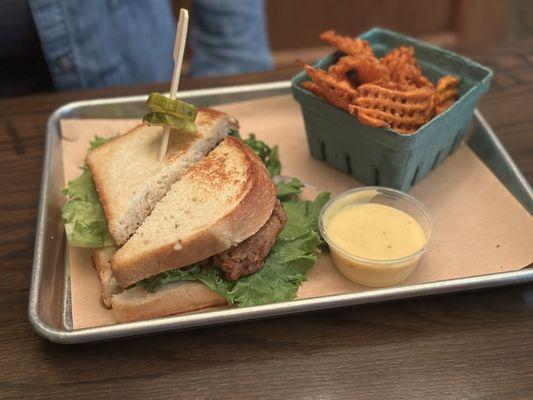 Pecan Crusted Chicken Sandwich with waffle fries