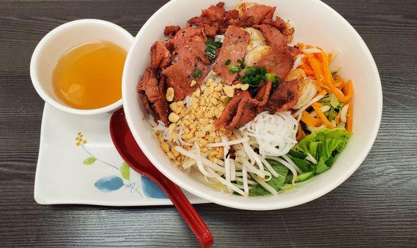 Bún Tôm Thịt Nướng Chả Giò -- Vietnamese rice noodle (bún) dish with barbecued pork (thịt nướng) and shrimp (tôm).