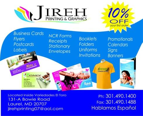 Business Cards, Post Cards, Flyers, Receipts, NCR Form, Stamps, Sigs, T-shirts, Envelopes, Labels, Tickets, Folders, Uniforms...