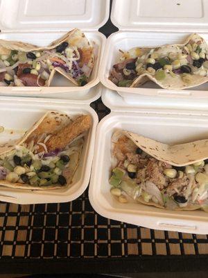 Chicken, brisket, catfish and pork tacos