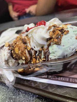 Chocolate chip & mint n chip sundae w/brownie at the bottom. Delicious!