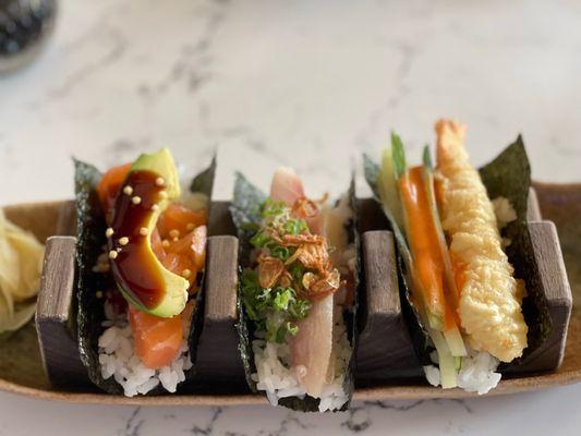 Delicious trio of hand rolls