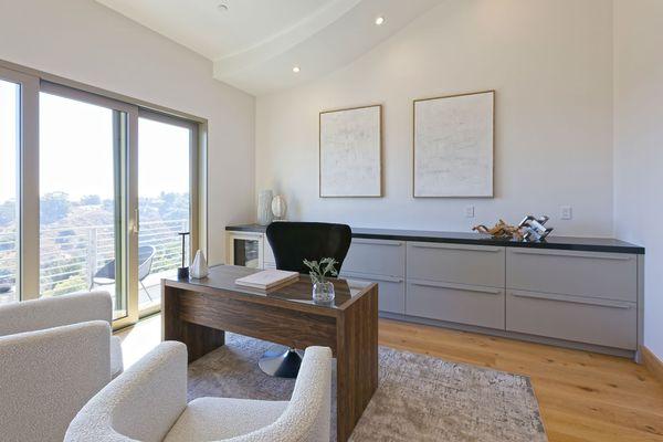 Office drawer cabinets with custom painted integrated handles to match.