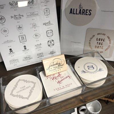 Chip board coasters and custom address stamps. Not just great for weddings but any party!
