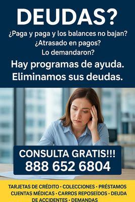Descansar de tarajetas de Credito, Colecciones, deudas medicas, Deudas de accidentes, demandas. Hay Programas de Ayuda.
