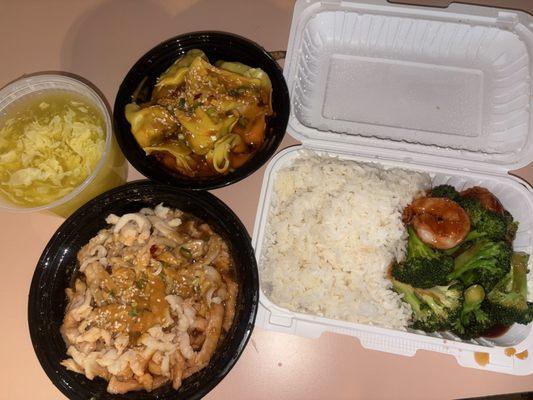 Egg Drop Soup ,hacked chicken multi-flavored, Szechuan dumplings with hot oil and shrimp and broccoli lunch special