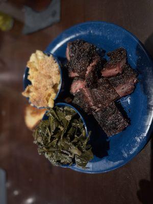 Burnt brisket ends with collards and mac and cheese