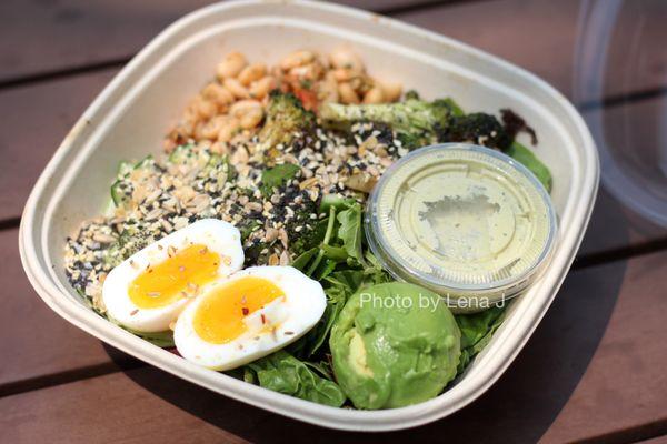 Goddess Greens Salad + Soft Boiled Egg ($12.90) - Mixed Greens, Arugula, Avocado, Charred Broccoli, Cucumber, Beans, Everything Seasoning