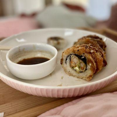We ordered takeout, the fried roll is the Fujiyama Nori Special Sushi Roll, the Cowboy Nori Sushi Roll is in the background