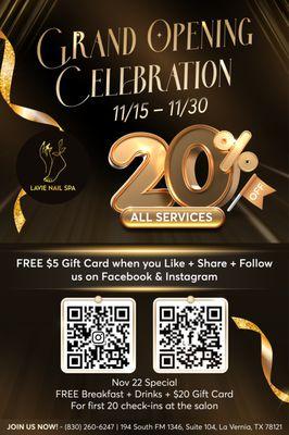 : ?
Lavie Nail Spa is excited to welcome you to our Grand Opening