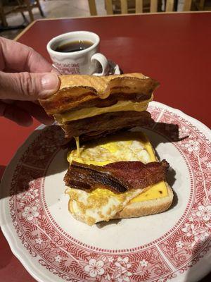Bacon, egg and cheese breakfast sandwich on Texas toast.