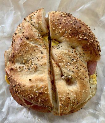 Taylor Ham Eggs & Cheese Sandwich on an Everything Bagel