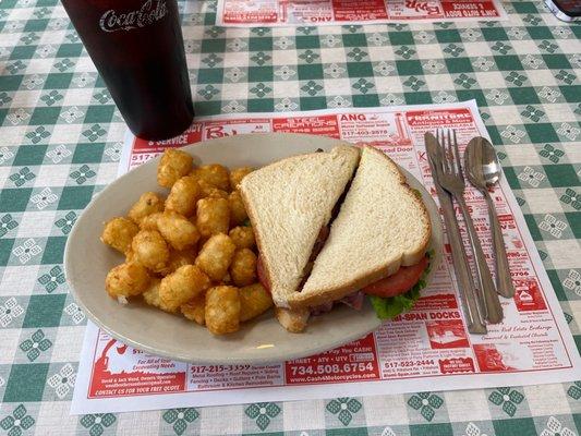 Stacked Roast Beef sandwich and tots