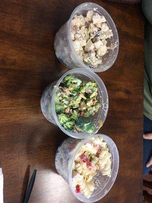 Deli sides: chicken salad, broccoli salad and Hawaiian pasta salad. We got them to go but couldn't wait to try them.