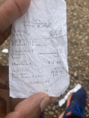 Receipt proof of purchase of the items I pay for at Taz convenience store