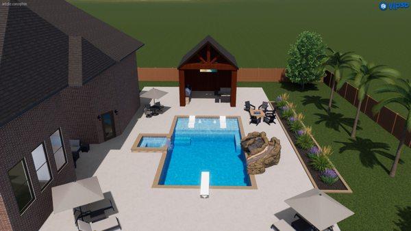 Another gorgeous 3D design, boasting with unlimited outdoor fun. Includes an outdoor kitchen, slide, and stunning stonework.