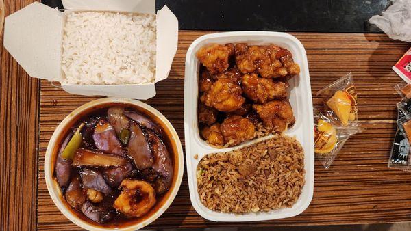 Shrimp with eggplant, general tsos chicken