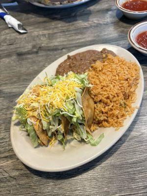 (3) Ground Beef & Cheese Tacos 8oz Rice 8oz Refried Beans