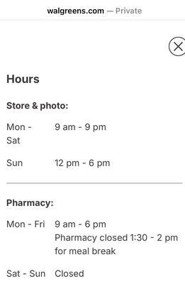 store hours and pharmacy hours (they differ)
