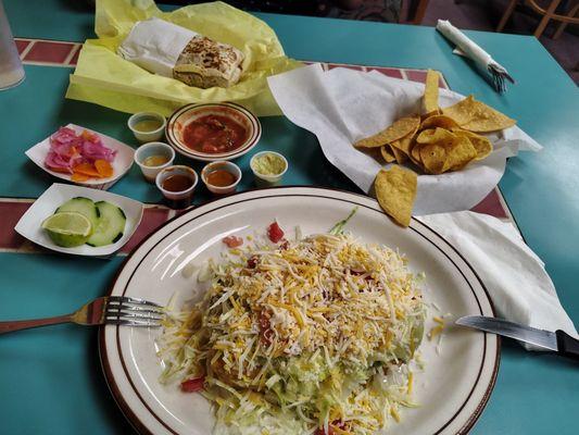 Vegetarian chimichanga and steak picado burrito
