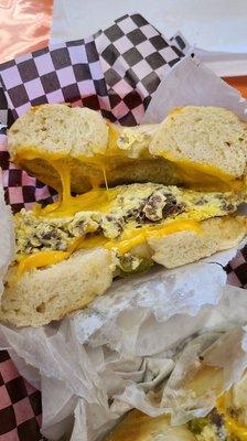 Jalapeno Asiago bagel with steak egg cheese