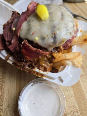 Pastrami Chili Cheese Fries add a burger patty with pepper jack cheese, yellow chilis, and ranch!