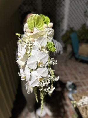 orchids. dendrobiums. Anthuriums. Babies breath.Grn & wht amaranth and dried florals are from a different vendor