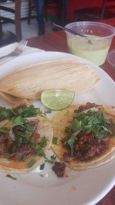 Carnitas & adobada tacos, plus a raja tamal and some tasty verde crema salsa. Awesome late lunch.
