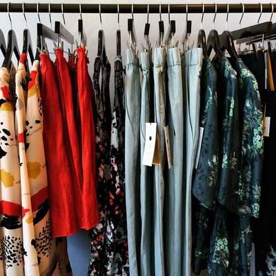 One of many racks of boutique brand clothing, in this case an assortment from Corey Lynn Calter and Harlyn.