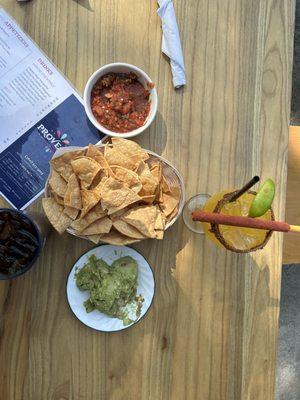 Chips, salsa, Guacamole and a virgin mango margarita! Yum