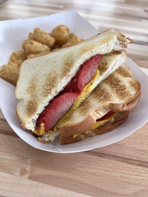 Red Hot Sandwich and tots