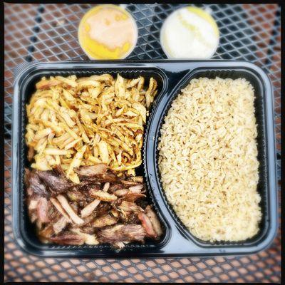 Chicken & lamb mix shawarma plate w/ brown rice, schug sauce, amba sauce (fermented green mango) + 2 sides not shown