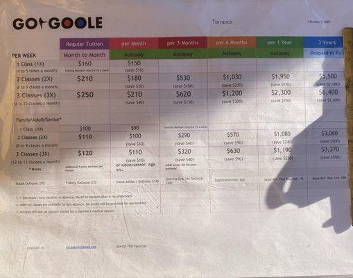 Current rates - but Master Kim mentioned that 2x/week was the min