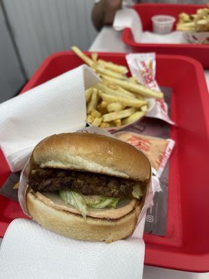 Animal style hamburger (no tomato no pickle extra raw onion)