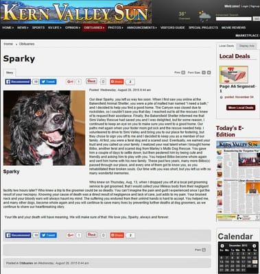 This Sparky, he was killed at Darlene's Pet Salon. They finally confessed to what they have done when they were confronted by TV reporter.